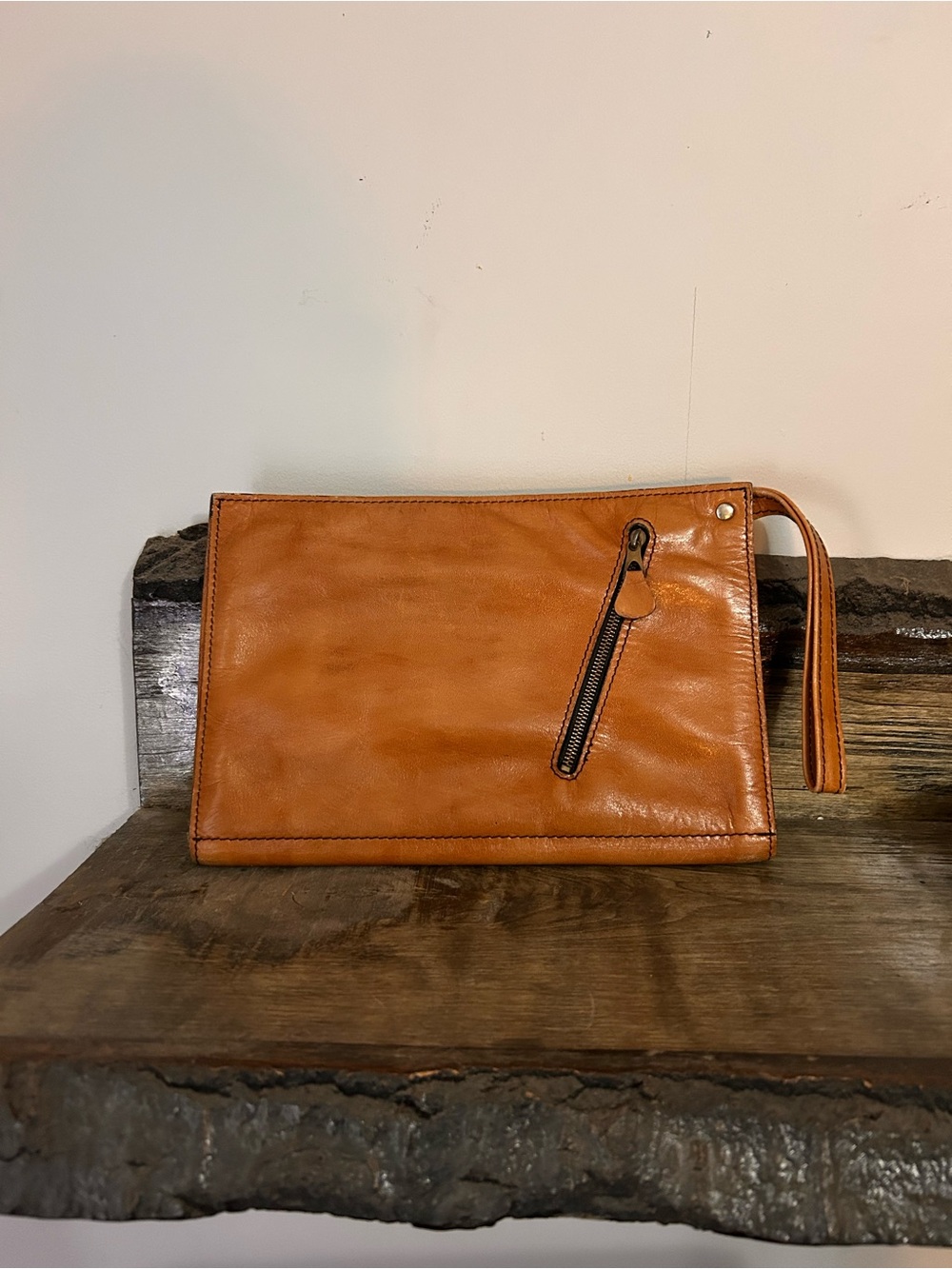 “Vintage Distressed Leather Clutch Wristlet Cognac Brown”